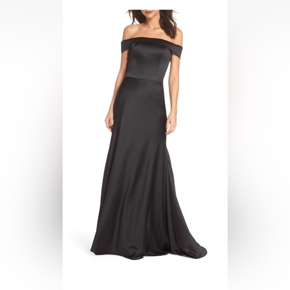 La Femme Black Off-Shoulder Gown